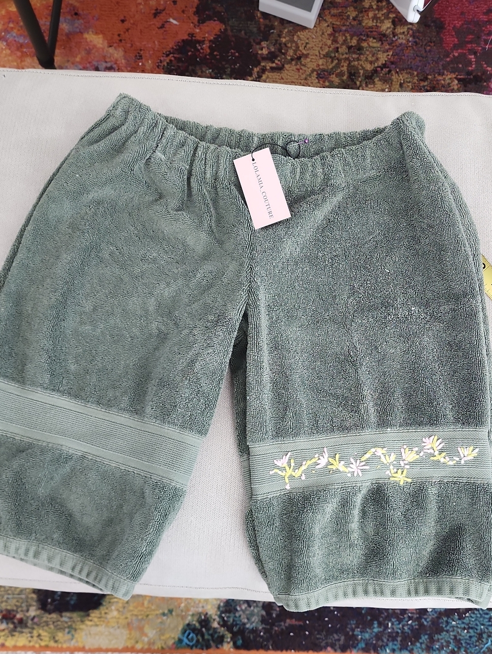 Terry Pull-On Shorts Towel Jorts with Floral Embroidered Hem - Olive Green